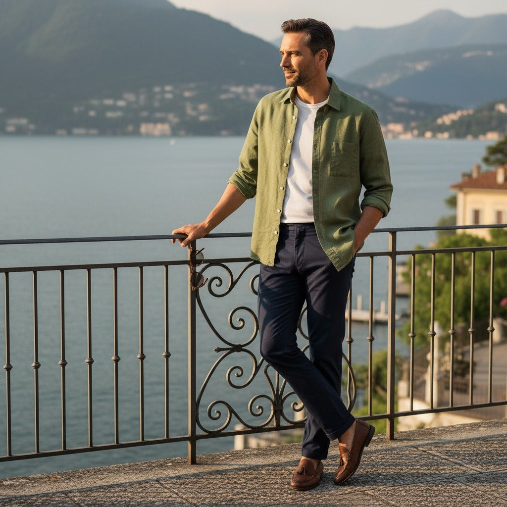 Green Linen Shirt - Green - Angled Shot