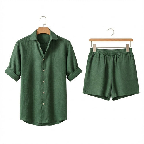 Green Linen Shirt and Shorts Set - Green - Front View