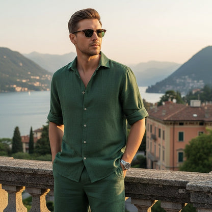 Green Linen Shirt and Shorts Set - Green - Angled Shot
