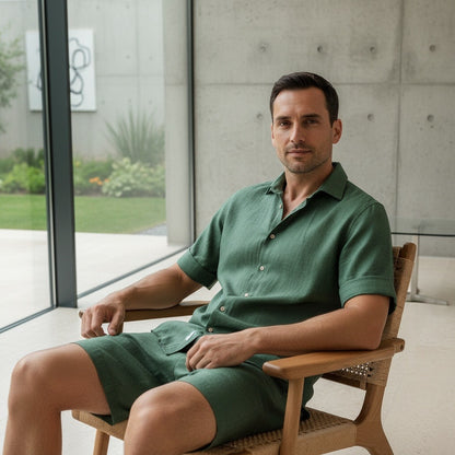 Green Linen Shirt and Shorts Set - Green - Side Profile