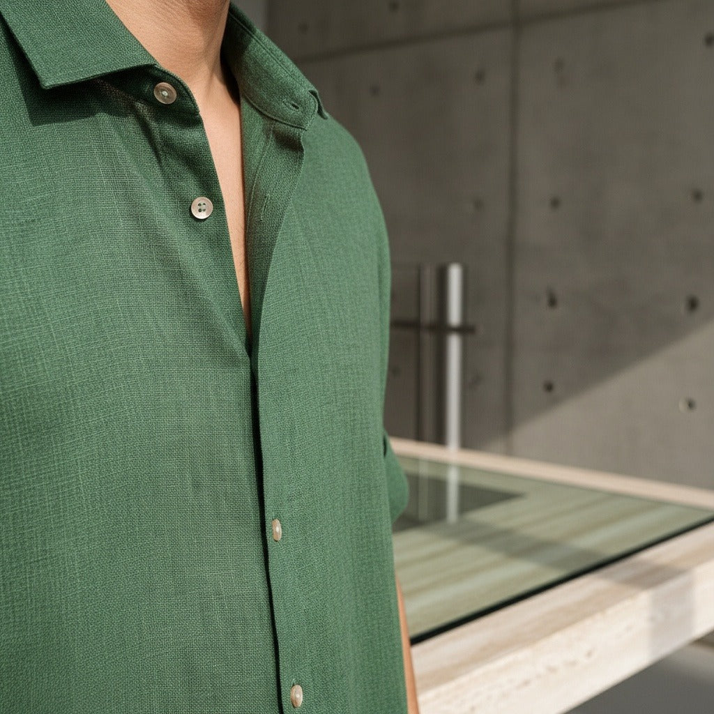 Green Linen Shirt and Shorts Set - Green - Back View