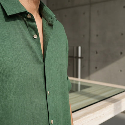 Green Linen Shirt and Shorts Set - Green - Back View