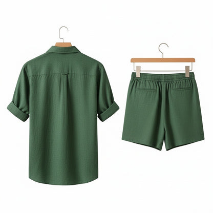 Green Linen Shirt and Shorts Set - Green - Fabric Detail
