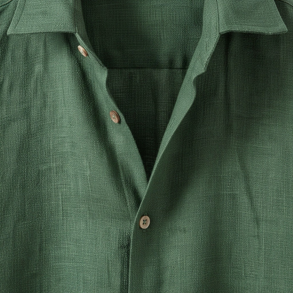 Green Linen Shirt and Shorts Set - Green - Texture Close Up