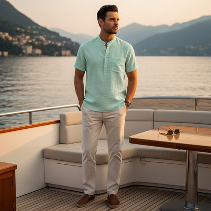 Green Linen T Shirt - Green - Angled Shot