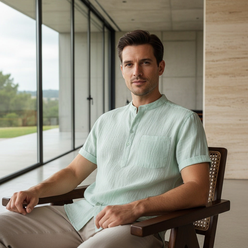 Green Linen T Shirt - Green - Side Profile