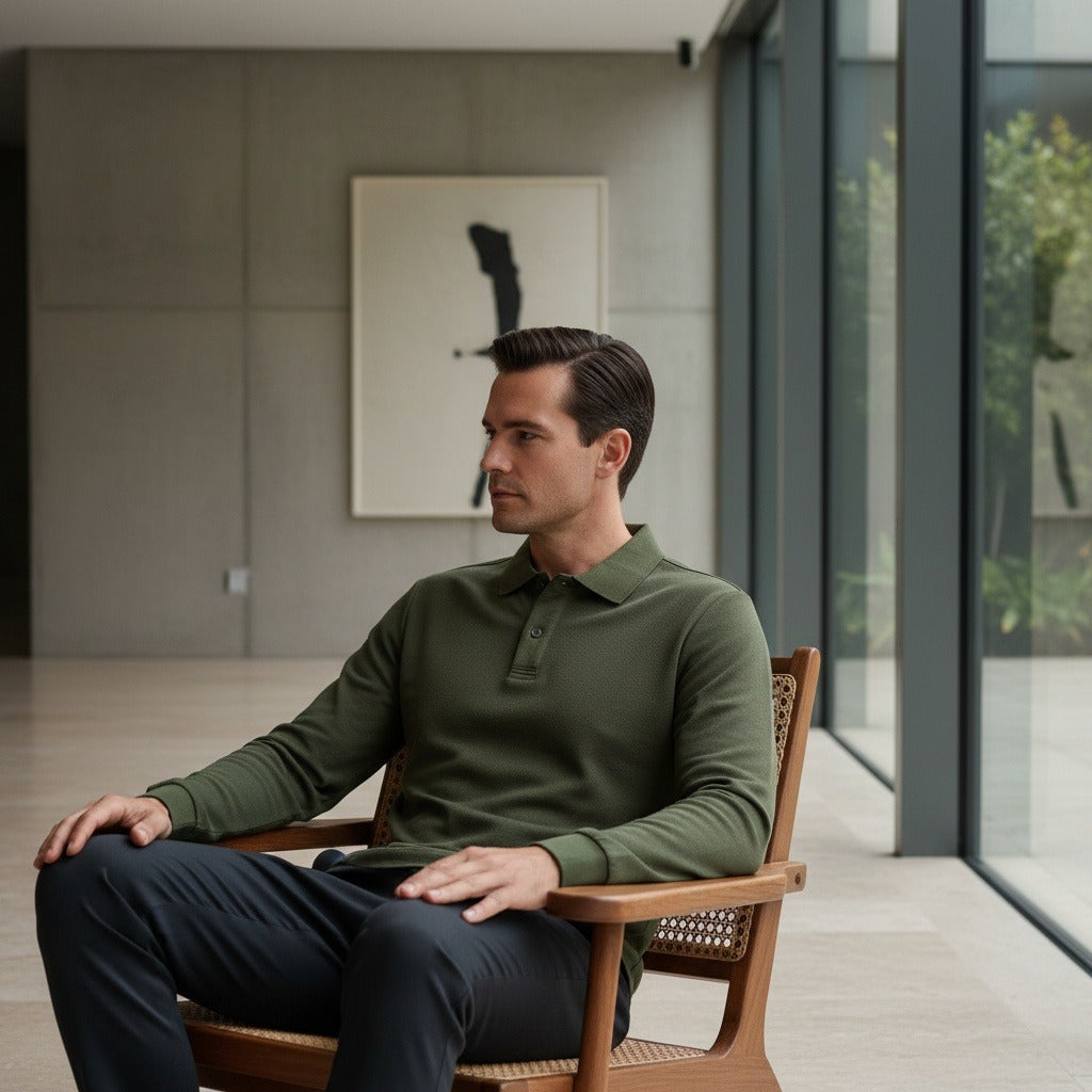 Green Long Sleeve Polo Shirt - Green - Side Profile