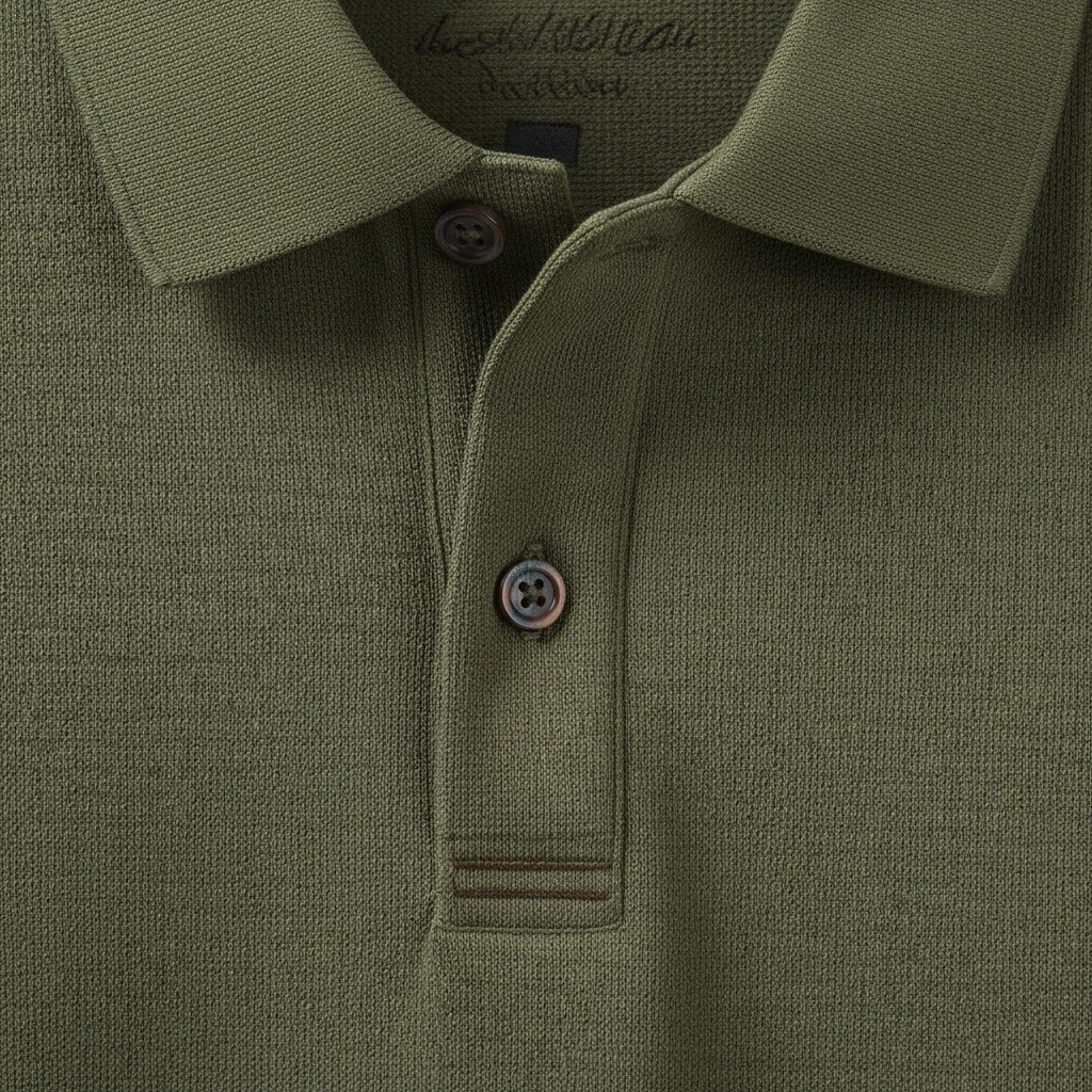 Green Long Sleeve Polo Shirt - Green - Texture Close Up