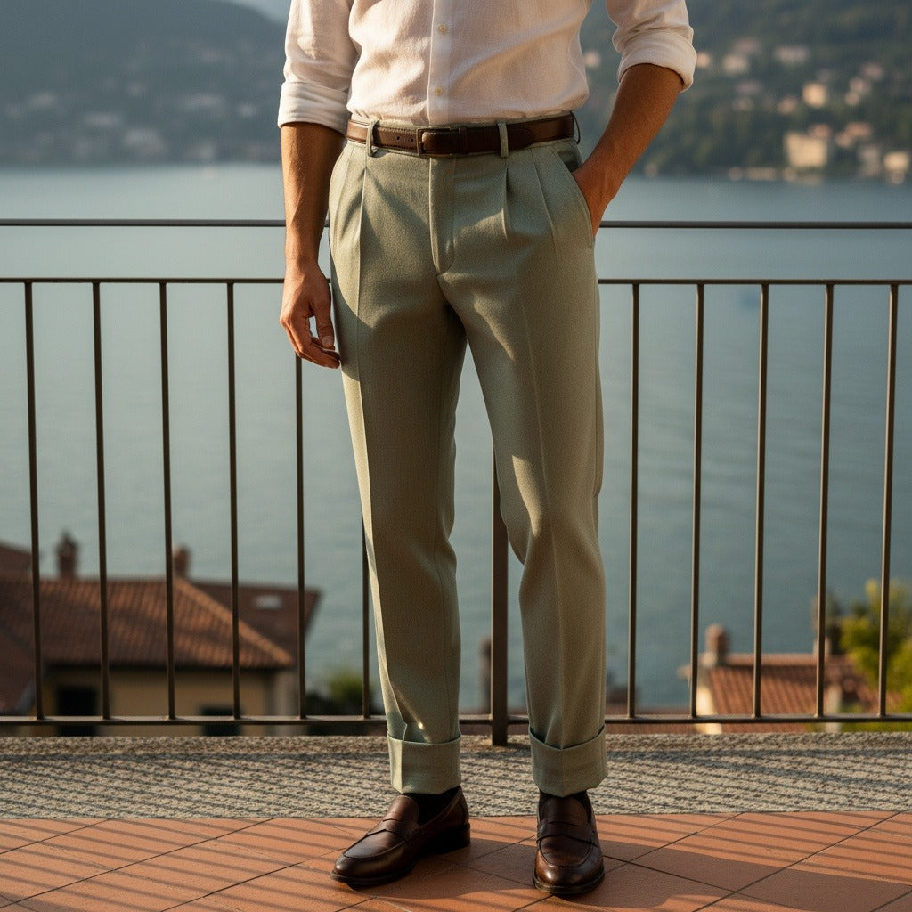 Green Pleated Trousers Mens - Green - Angled Shot
