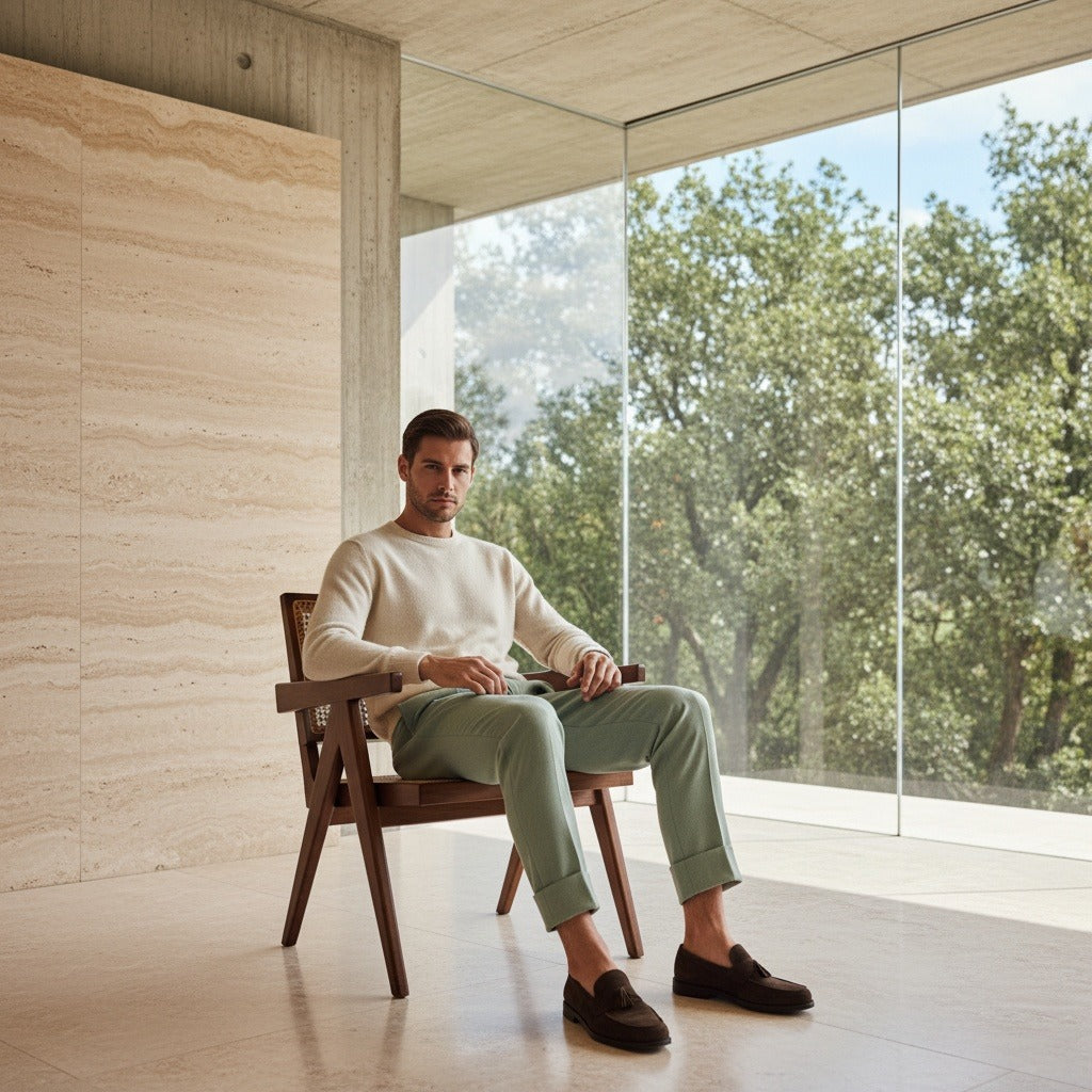 Green Pleated Trousers Mens - Green - Side Profile