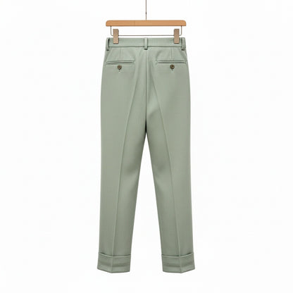 Green Pleated Trousers Mens - Green - Fabric Detail