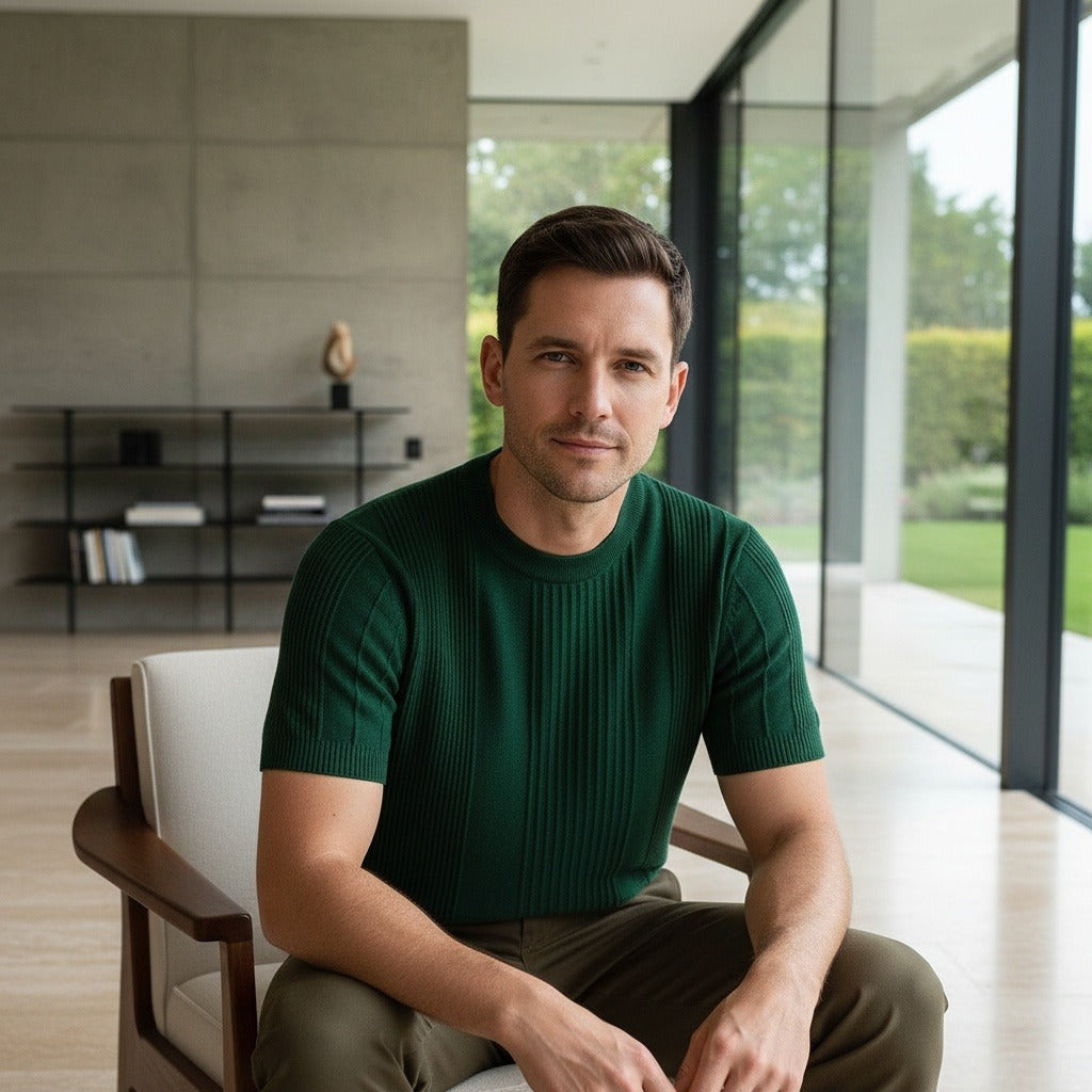 Green Ribbed T Shirt - Green - Side Profile