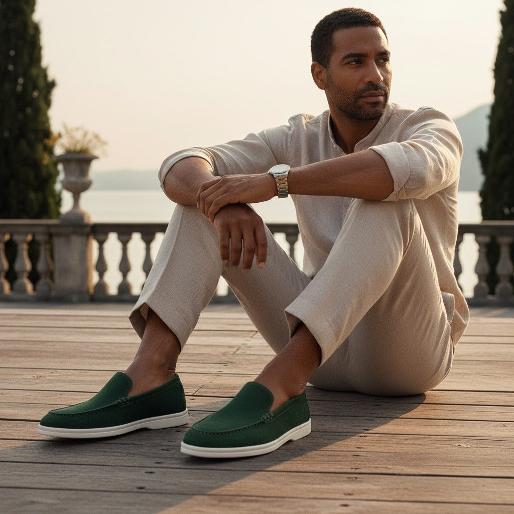 Green Suede Loafers for Men - Green - Angled Shot