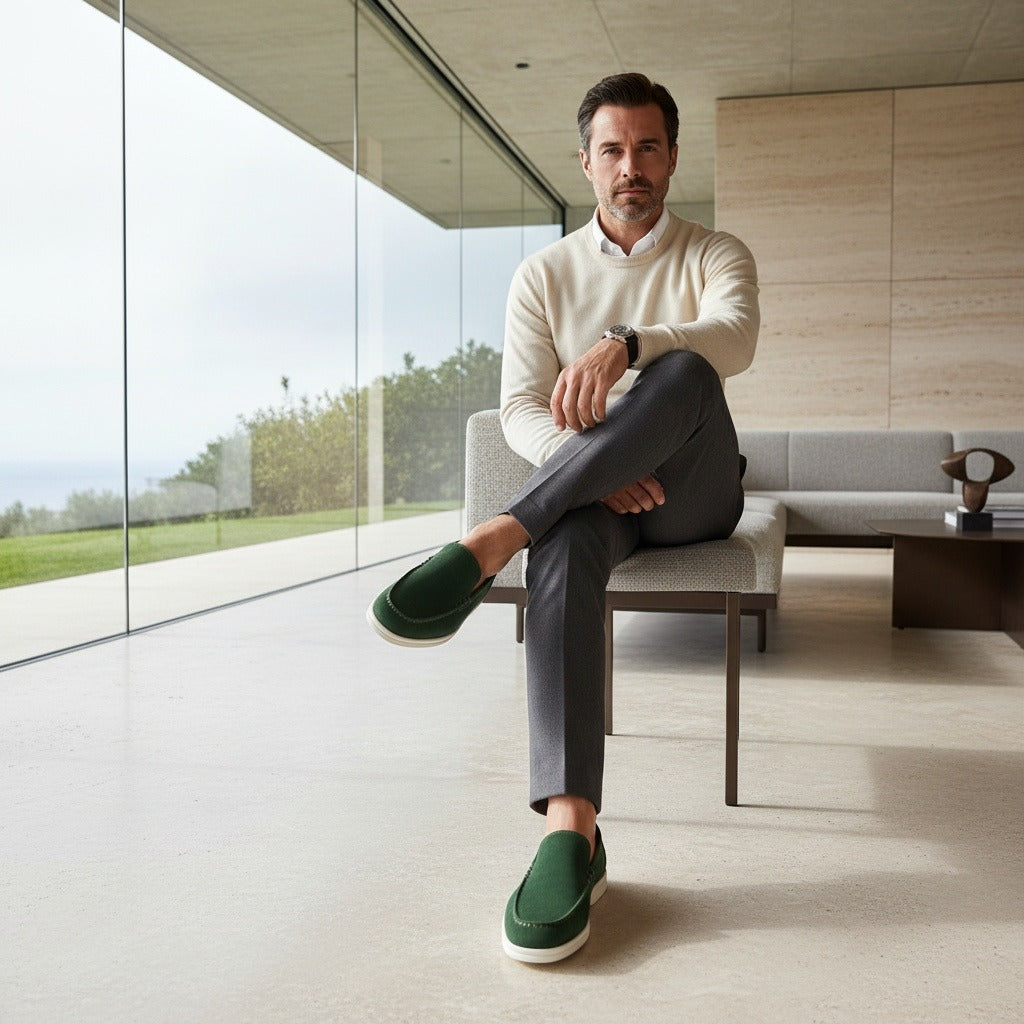 Green Suede Loafers for Men - Green - Side Profile