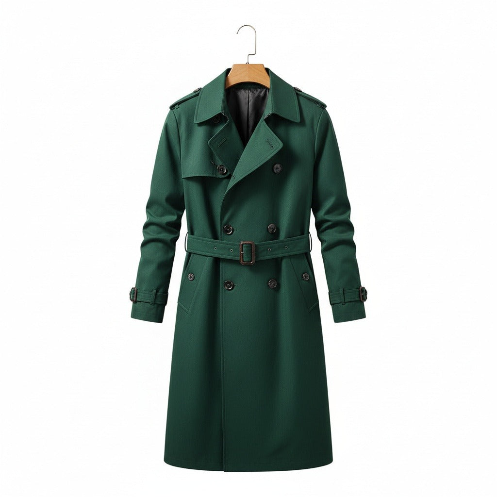 Green Trench Coat Mens - Green - Front View