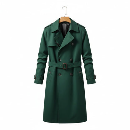 Green Trench Coat Mens - Green - Front View