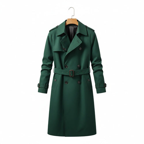 Green Trench Coat Mens - Green - Front View