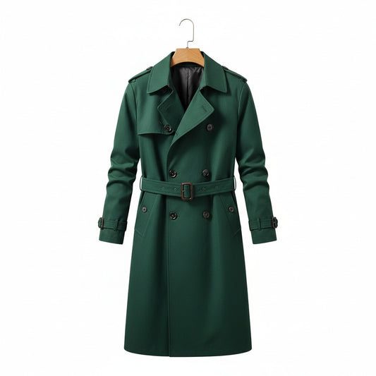 Green Trench Coat Mens - Green - Front View