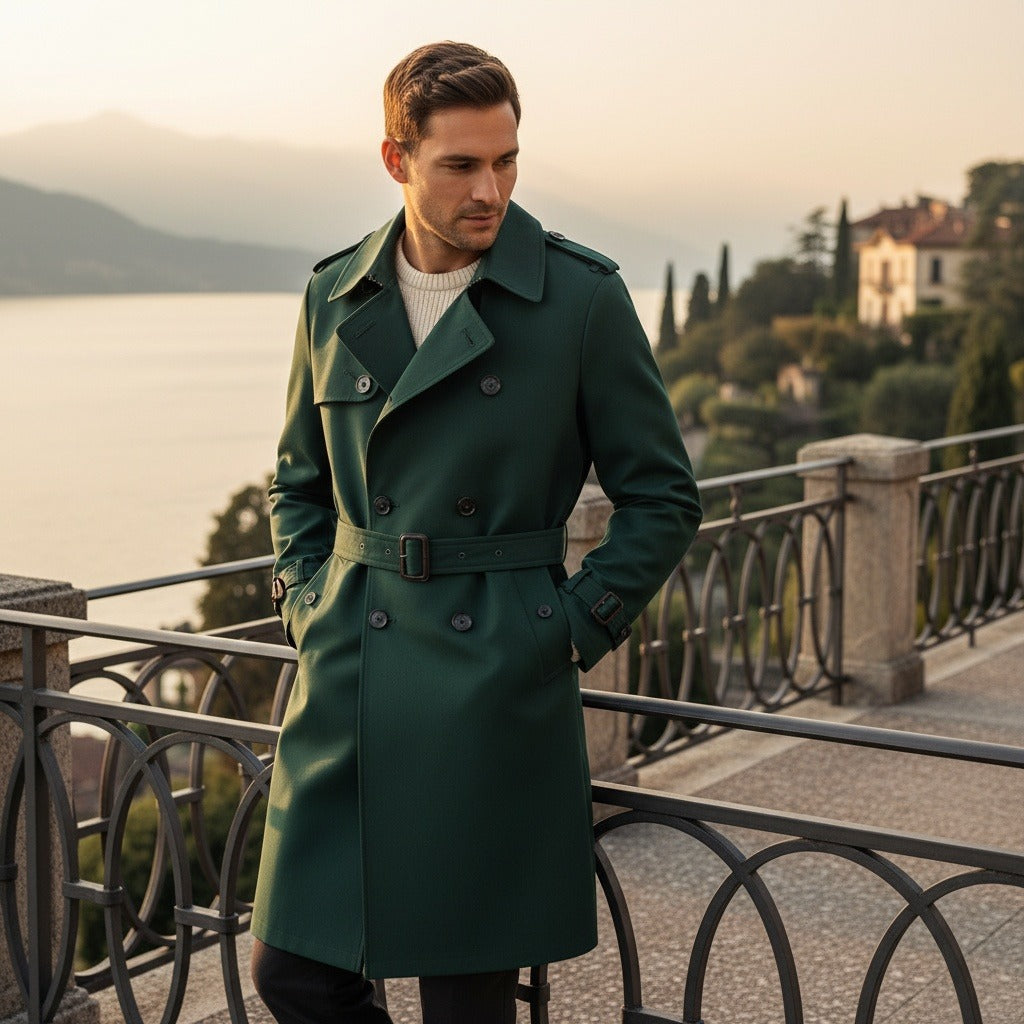 Green Trench Coat Mens - Green - Angled Shot