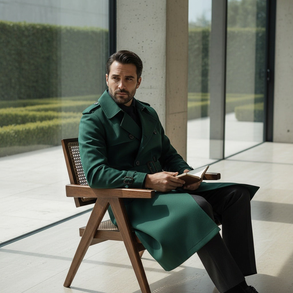 Green Trench Coat Mens - Green - Side Profile