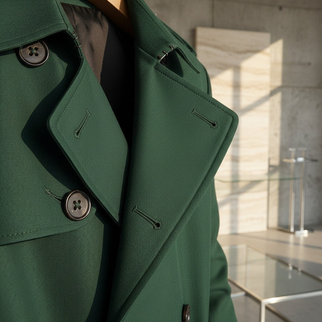 Green Trench Coat Mens - Green - Back View
