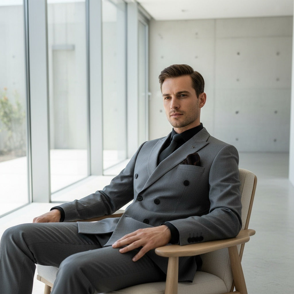 Grey Double Breasted Suit - Grey - Side Profile