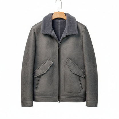 Grey Leather Aviator Jacket - Grey - Front View