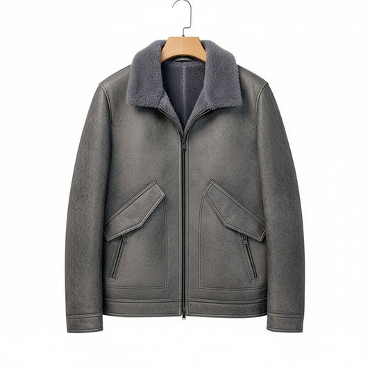 Grey Leather Aviator Jacket - Grey - Front View