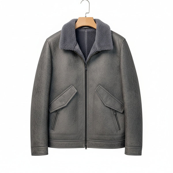 Grey Leather Aviator Jacket - Grey - Front View