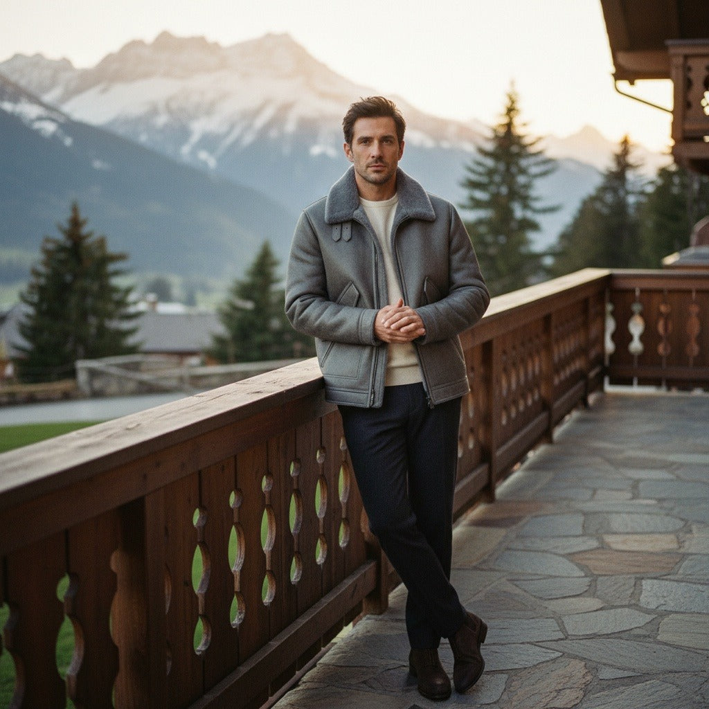 Grey Leather Aviator Jacket - Grey - Angled Shot