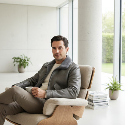 Grey Leather Aviator Jacket - Grey - Side Profile