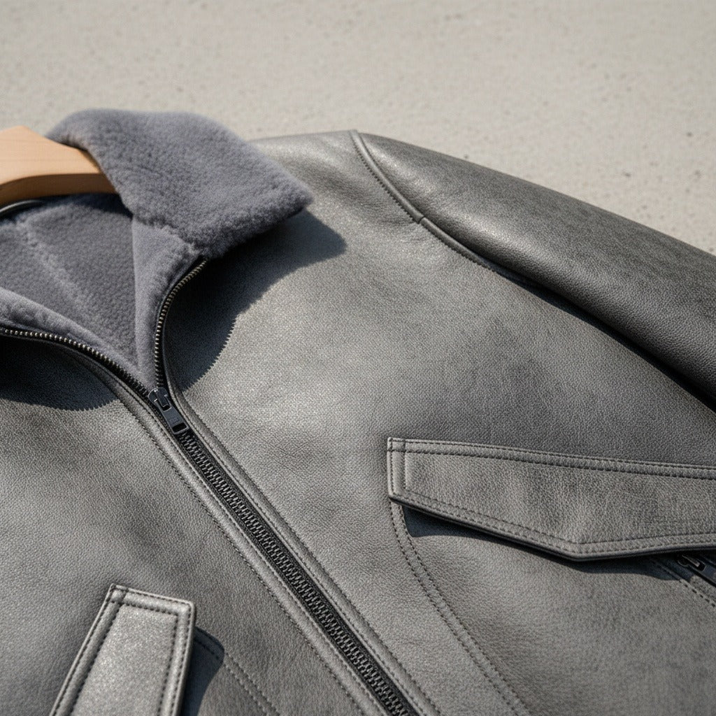 Grey Leather Aviator Jacket - Grey - Back View