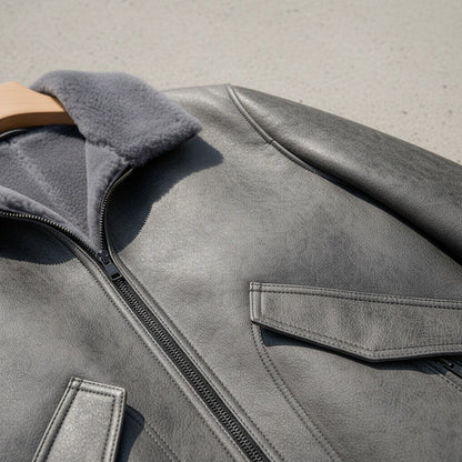 Grey Leather Aviator Jacket - Grey - Back View