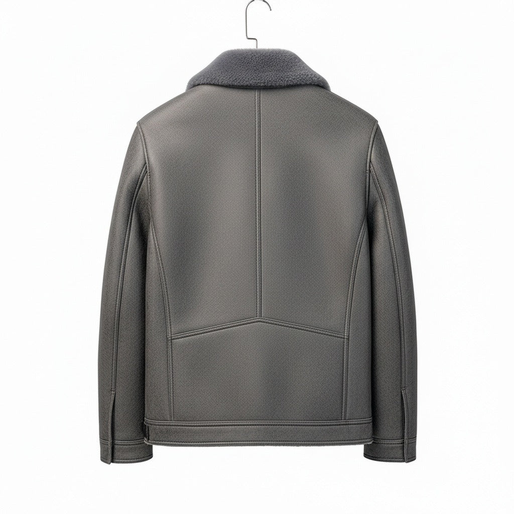 Grey Leather Aviator Jacket - Grey - Fabric Detail
