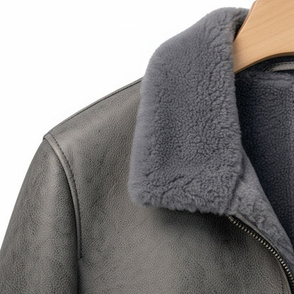 Grey Leather Aviator Jacket - Grey - Texture Close Up