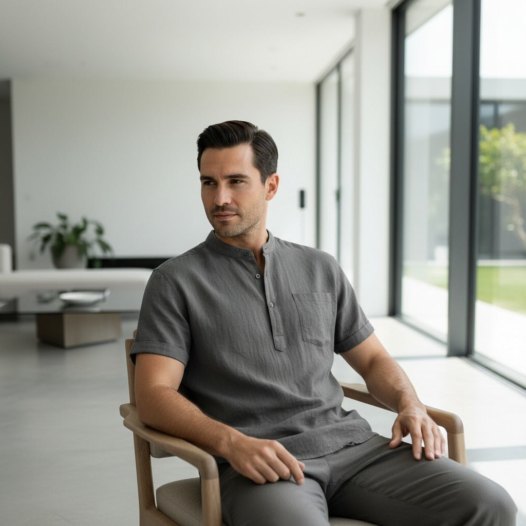 Grey Linen T Shirt - Grey - Side Profile