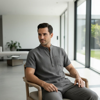 Grey Linen T Shirt - Grey - Side Profile