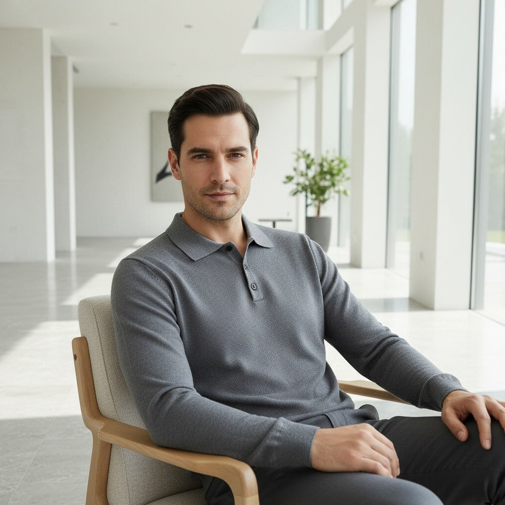 Grey Long Sleeve Polo Shirt - Grey - Side Profile