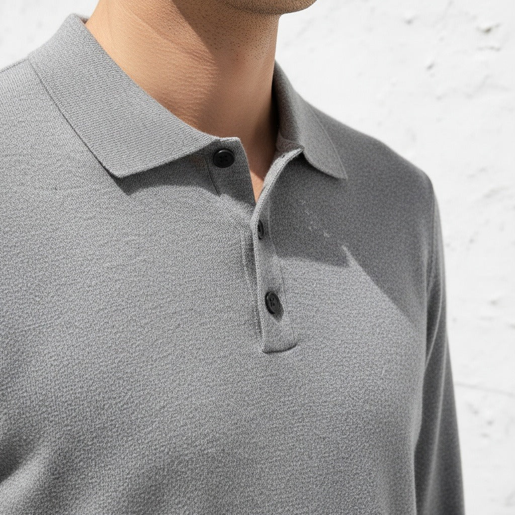 Grey Long Sleeve Polo Shirt - Grey - Back View