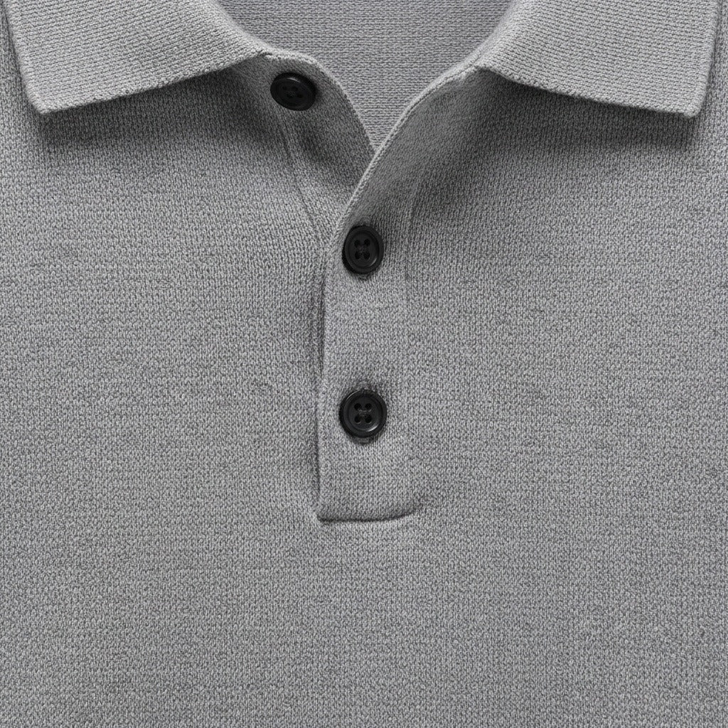 Grey Long Sleeve Polo Shirt - Grey - Texture Close Up