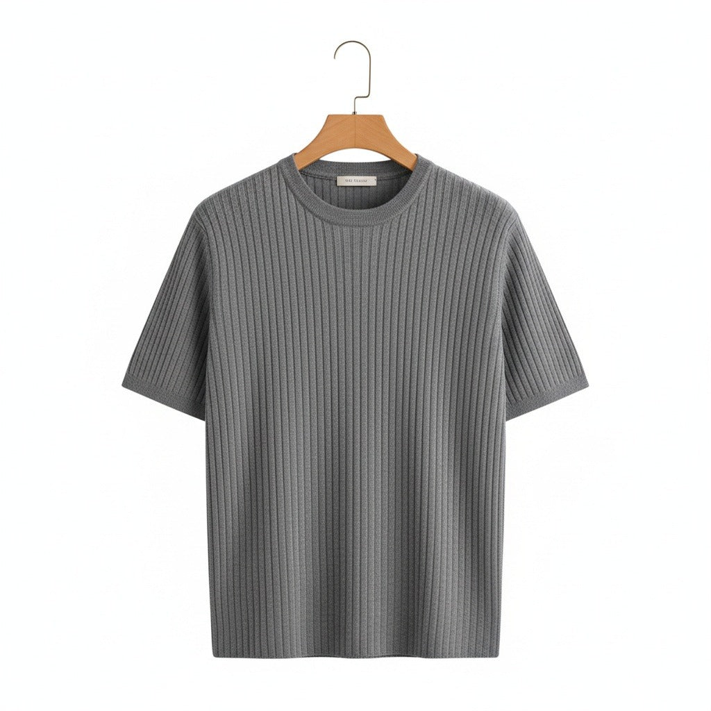 Grey Ribbed T Shirt - Grey - Front View