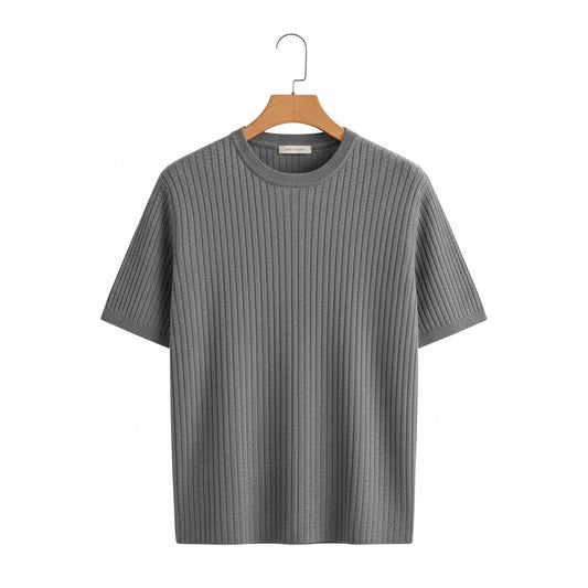 Grey Ribbed T Shirt - Grey - Front View
