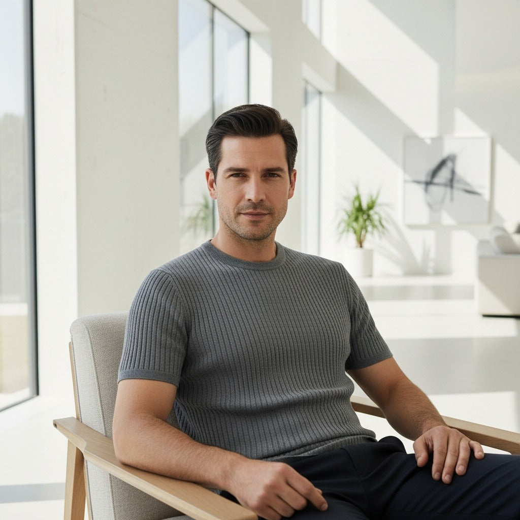 Grey Ribbed T Shirt - Grey - Side Profile
