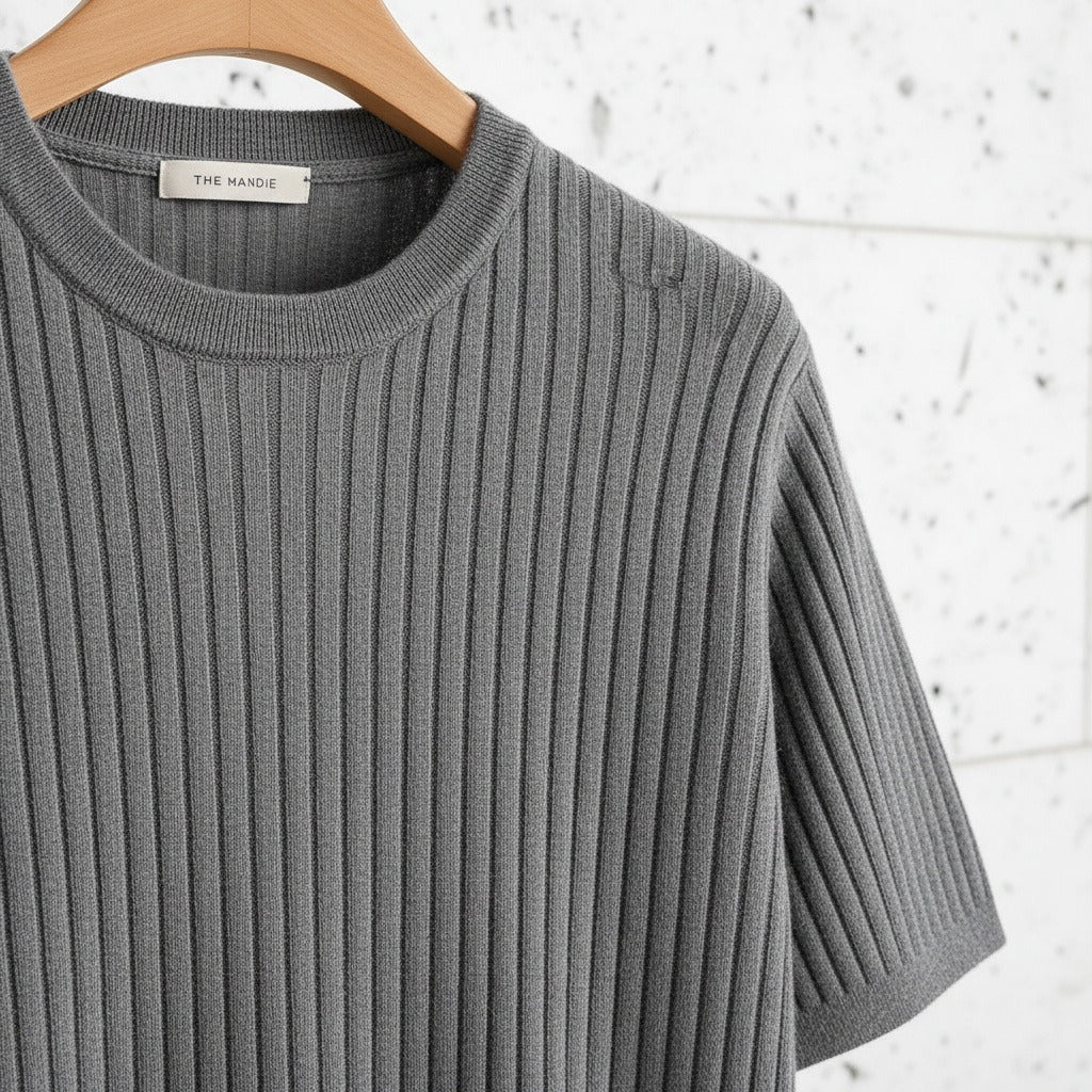 Grey Ribbed T Shirt - Grey - Back View