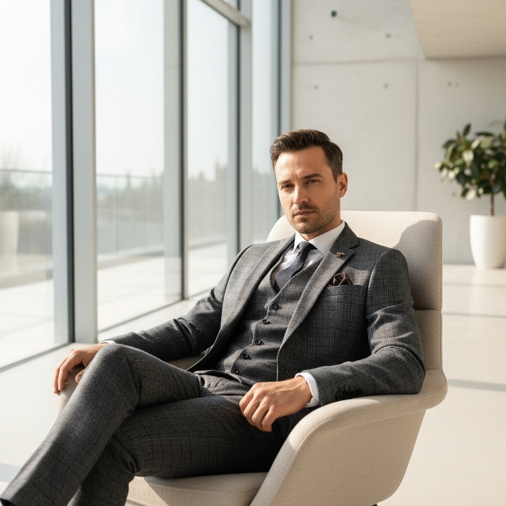 Grey Three Piece Suit - Grey - Side Profile