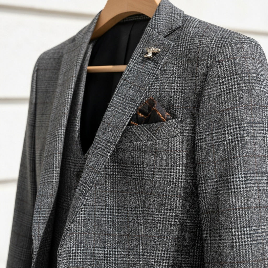 Grey Three Piece Suit - Grey - Back View