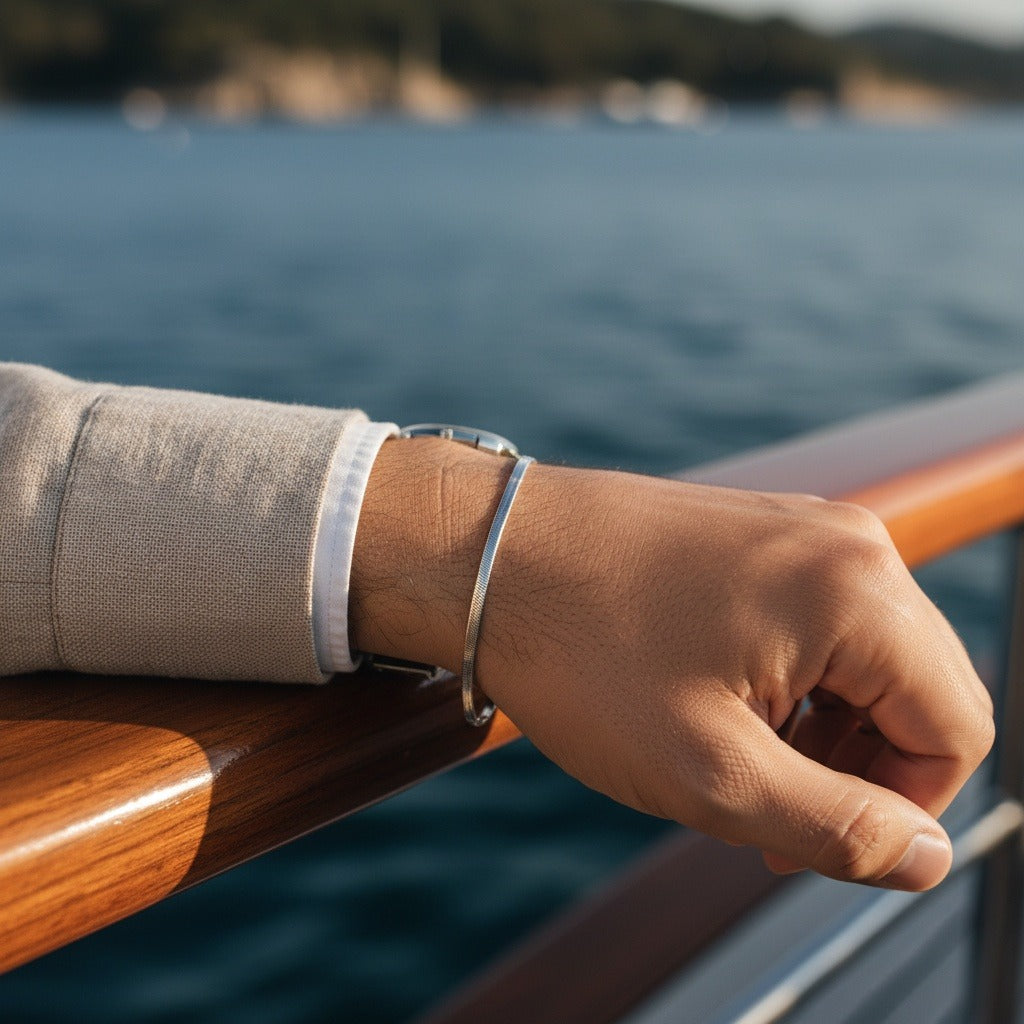 Herringbone Bracelet Men's - Silver - Angled Shot