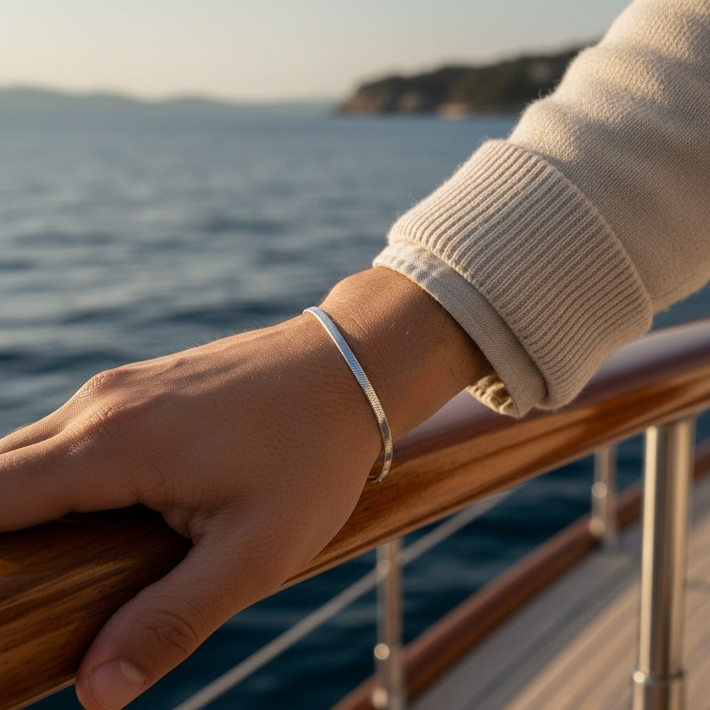 Herringbone Bracelet Men's - Platinum - Angled Shot