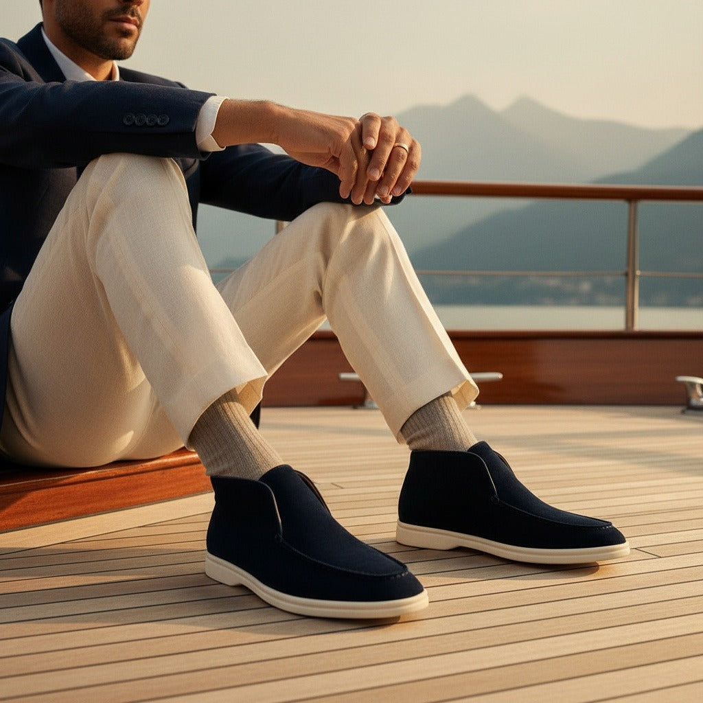 High Suede Loafers Men - Navy Blue - Angled Shot