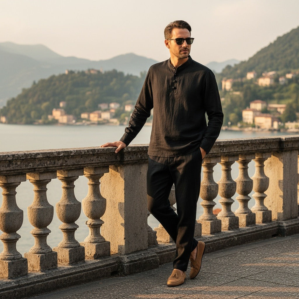 Linen Shorts and Top Set - Black - Angled Shot
